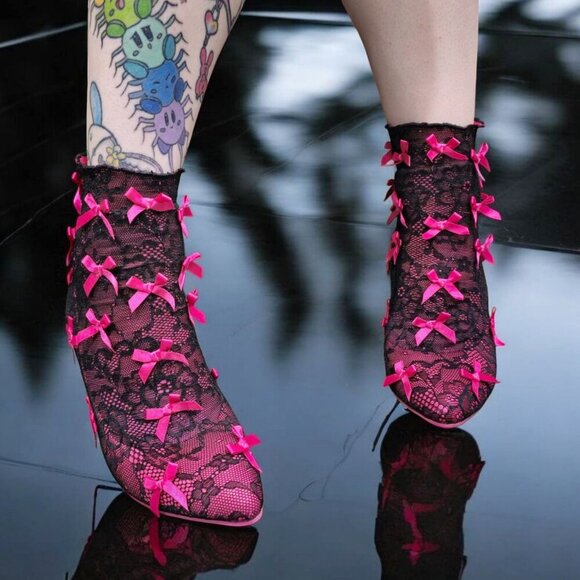 Sugar Thrillz Lace Booties | Pink Stretch Transparent Heel Bow Accent 7 - Picture 11 of 14